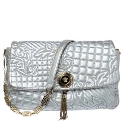 Versace Metallic Silver Barocco Leather Vanitas Medea Shoulder Bag For Women