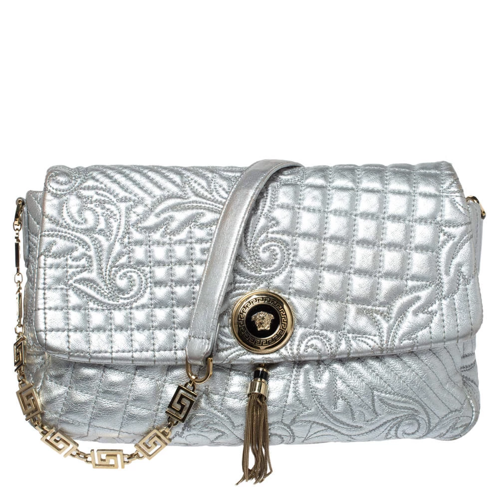 Versace Metallic Silver Barocco Leather Vanitas Medea Shoulder Bag For Women