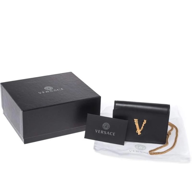 Versace Black Leather Mini Virtus Chain Wallet For Women - Image 9