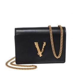 Versace Black Leather Mini Virtus Chain Wallet For Women