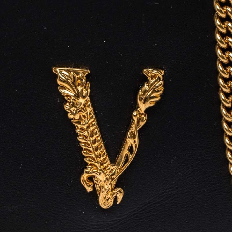 Versace Black Leather Mini Virtus Chain Wallet For Women - Image 5