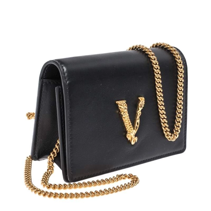 Versace Black Leather Mini Virtus Chain Wallet For Women - Image 3