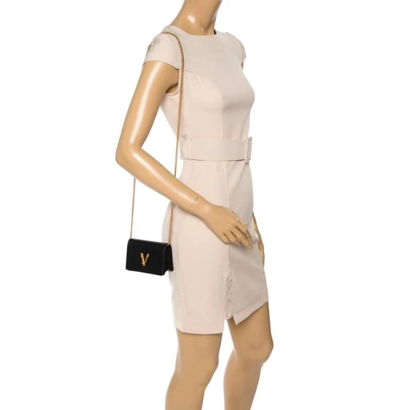 Versace Black Leather Mini Virtus Chain Wallet For Women - Image 2