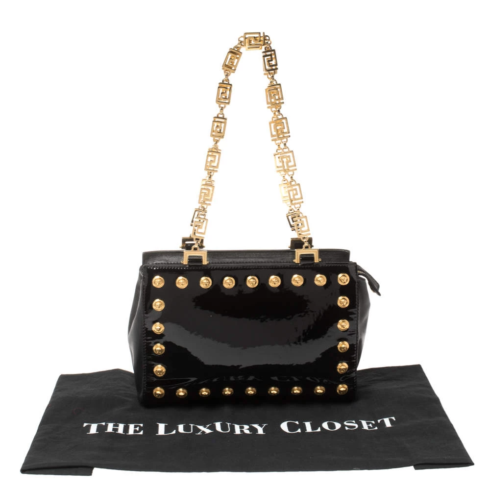 Versace Black Patent Leather Medusa Studded Chain Shoulder Bag For Women - Image 9