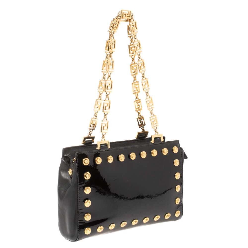 Versace Black Patent Leather Medusa Studded Chain Shoulder Bag For Women - Image 3