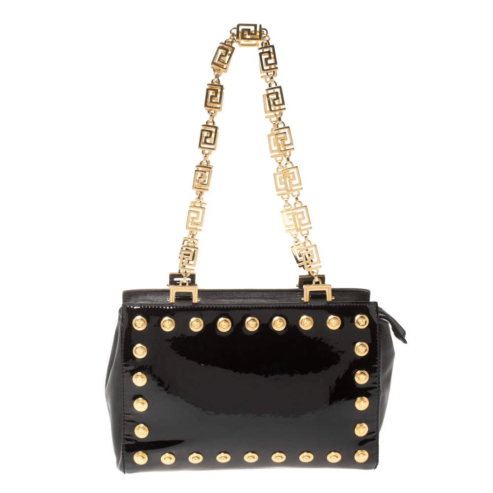 Versace Black Patent Leather Medusa Studded Chain Shoulder Bag For Women