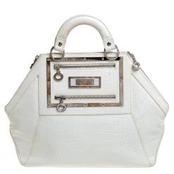 Versace White Croc Embossed Leather Hit Satchel For Women