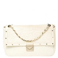 Gianni Versace White Quilted Patent Leather Flap Shoulder Bag For Women