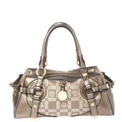 Versace Metallic Grey Jacquard Fabric And Leather Medusa Bag For Women