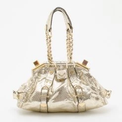 Versace Gold Snakeskin Framed Bauletto For Women