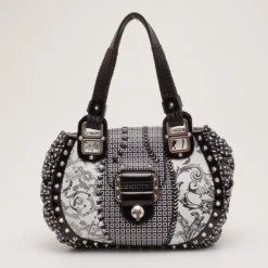 Versace Black And White Multi Print Leather Tote For Women