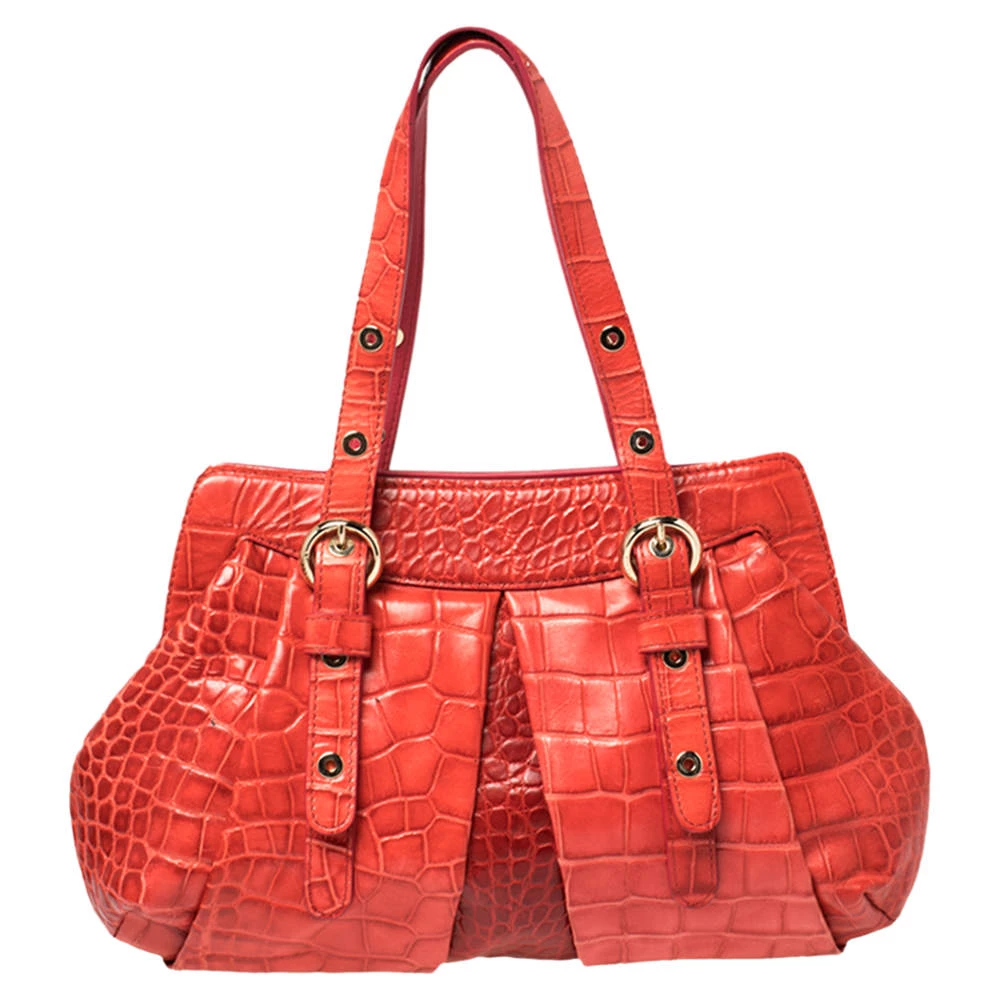 Versace Red Croc Embossed Leather Satchel For Women - Image 4