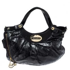 Versace Black Eel Skin, Suede And Patent Leather Satchel For Women