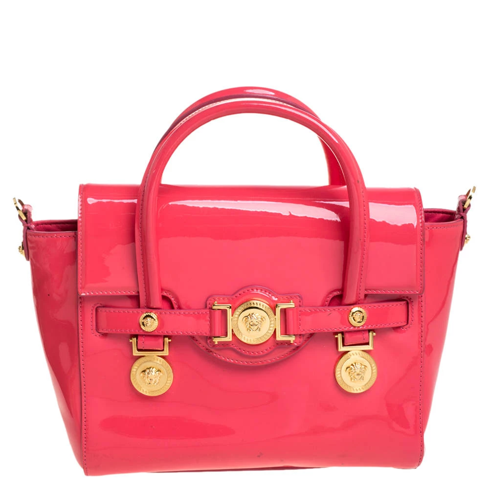 Versace Neon Pink Patent Leather Medusa Medallion Tote For Women
