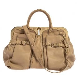 Versace Beige Leather Studded Frame Satchel For Women