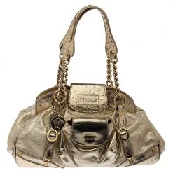 Versace Gold Patent And Ostrich Embossed Leather Chain Link Satchel For Women