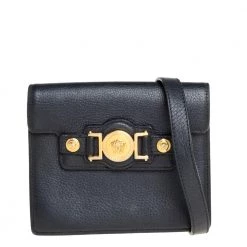 Versace Black Leather Medusa Buckle Flap Crossbody Bag For Women
