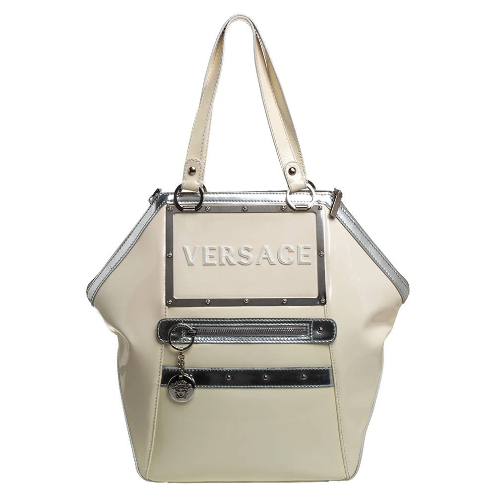 Versace Offf White/Silver Patent And Leather Hit Satchel For Women