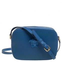 Versace Blue Leather Palazzo Medusa Camera Crossbody Bag For Women