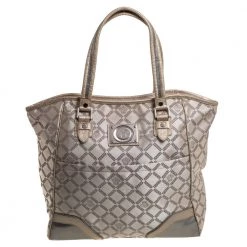 Versace Beige Monogram Fabric And Croc Embossed Leather Tote For Women