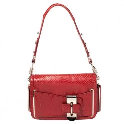 Versace Red Python And Suede Flap Shoulder Bag For Women