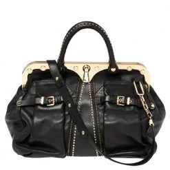 Versace Black Leather Studded Reve Frame Satchel For Women