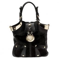 Versace Black Fur And Leather Studded Satchel For Women