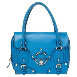 Versace Blue Leather Buckle Embellished Satchel For Women
