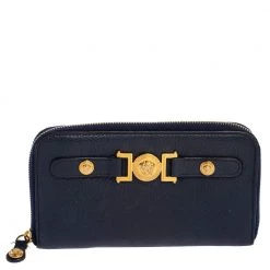 Versace Blue Leather Medusa Zip Around Wallet For Women