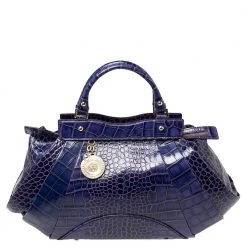 Versace Indigo Blue Croc Embossed Leather Logo Charm Satchel For Women