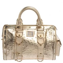 Versace Gold Ostrich Embossed Leather Snap Out Of It Satchel For Women