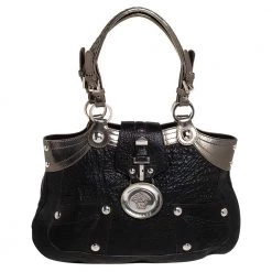 Versace Black/Metallic Leather Medusa Plaque Flap Satchel For Women