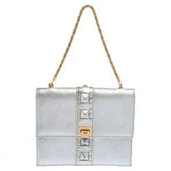 Versace Silver Leather Studded Flap Clutch For Women