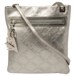 Versace Metallic Silver Leather Slim Crossbody Bag For Women