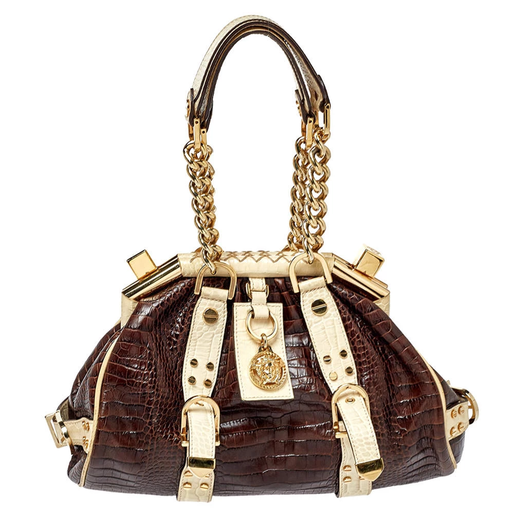 Versace Brown/Beige Croc Embossed Leather Madonna Satchel For Women