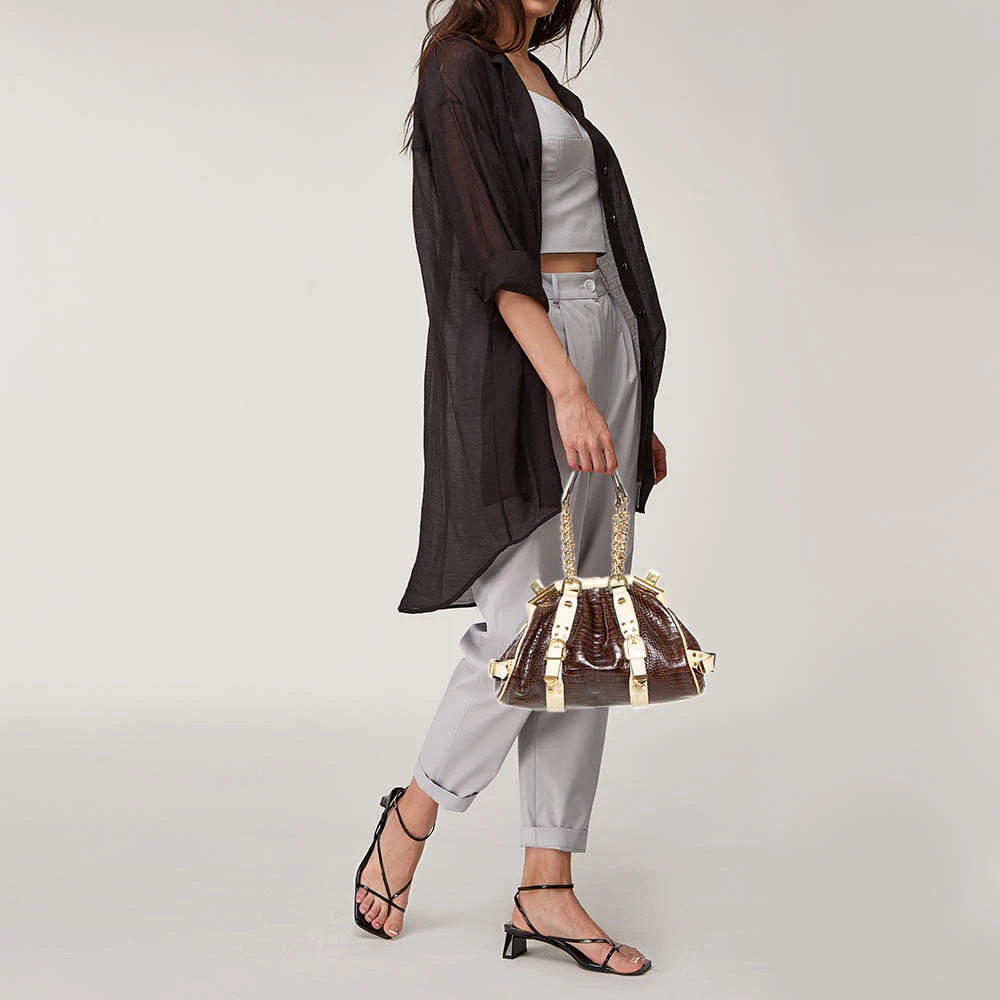 Versace Brown/Beige Croc Embossed Leather Madonna Satchel For Women - Image 2