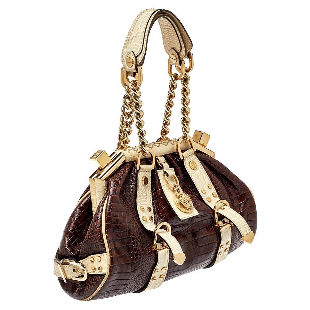 Versace Brown/Beige Croc Embossed Leather Madonna Satchel For Women - Image 3
