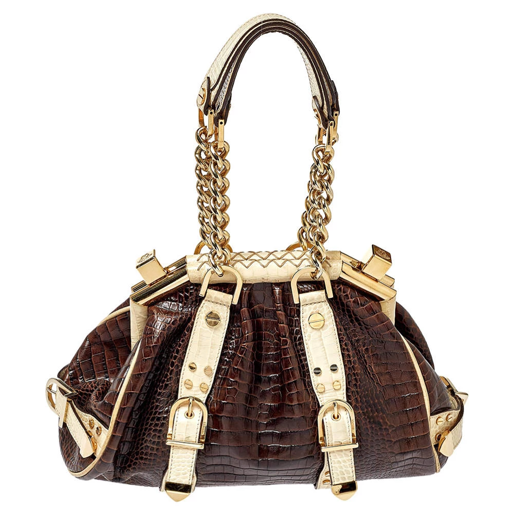 Versace Brown/Beige Croc Embossed Leather Madonna Satchel For Women - Image 4