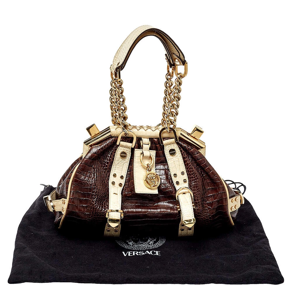 Versace Brown/Beige Croc Embossed Leather Madonna Satchel For Women - Image 9
