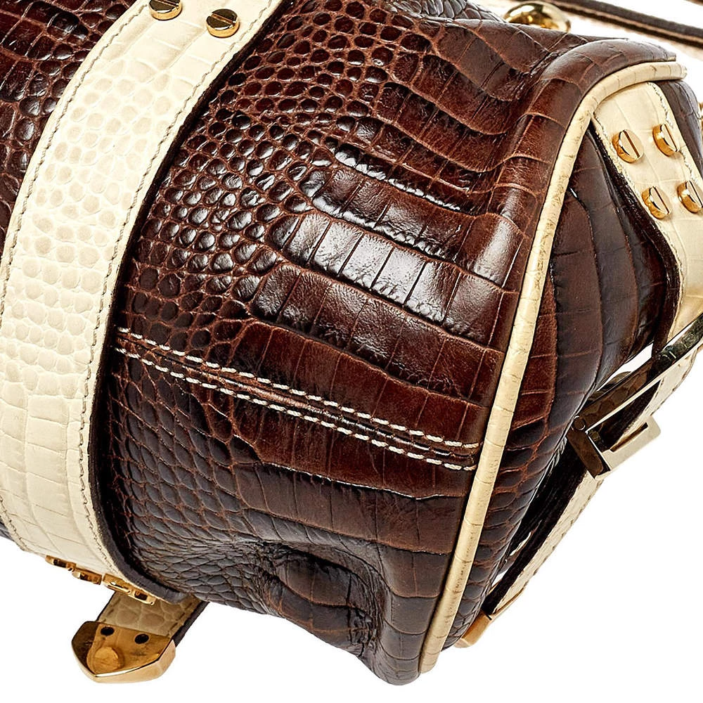 Versace Brown/Beige Croc Embossed Leather Madonna Satchel For Women - Image 11