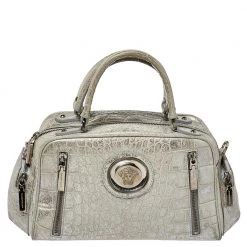 Versace Silver Croc Embossed Leather Satchel For Women