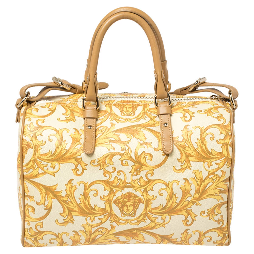 Versace Mustard/Beige Printed Coated Canvas And Leather Medusa Boston Bag For Women - Image 4