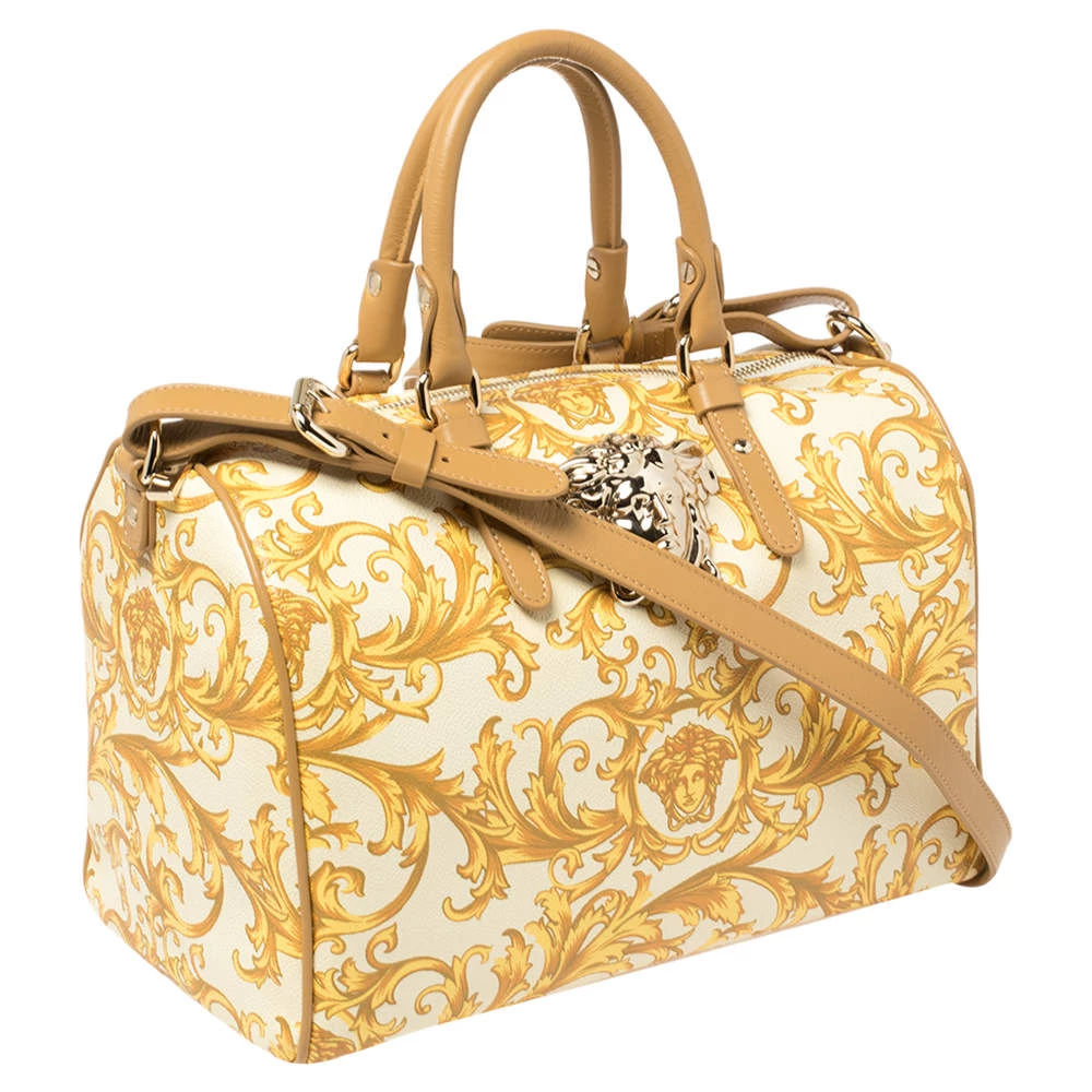 Versace Mustard/Beige Printed Coated Canvas And Leather Medusa Boston Bag For Women - Image 3