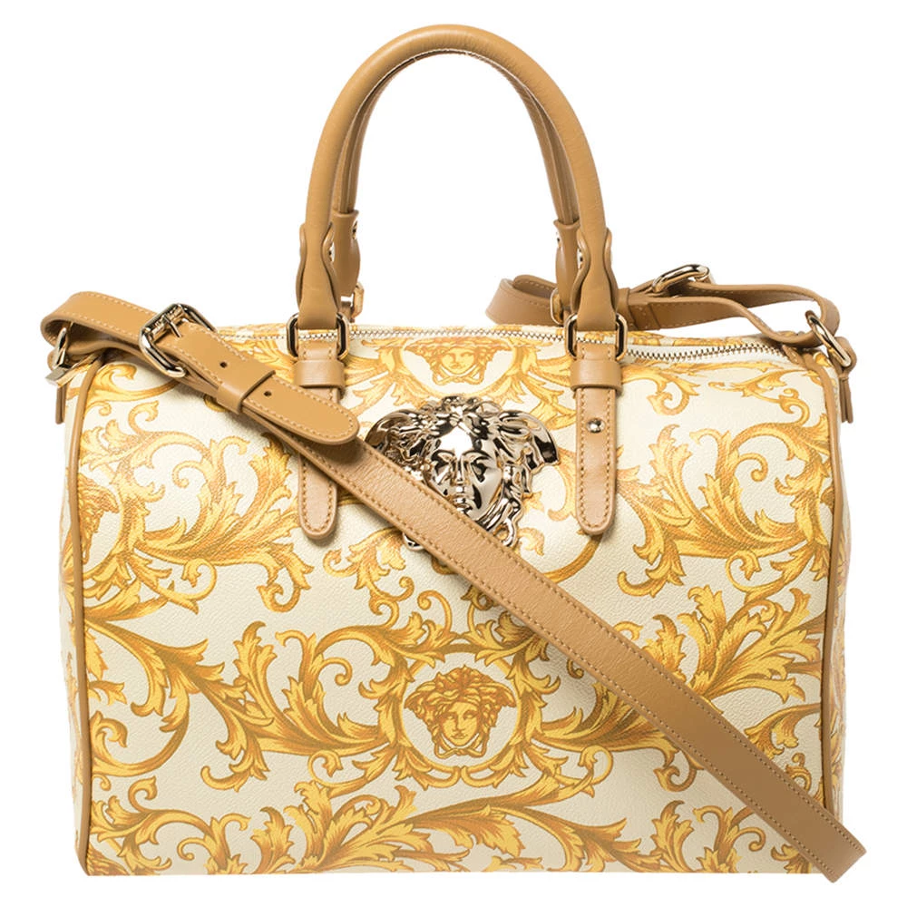 Versace Mustard/Beige Printed Coated Canvas And Leather Medusa Boston Bag For Women