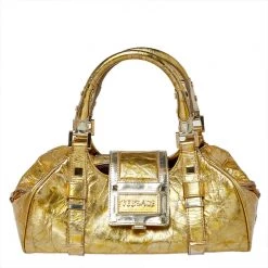 Versace Metallic Gold Crinkled Leather Satchel For Women