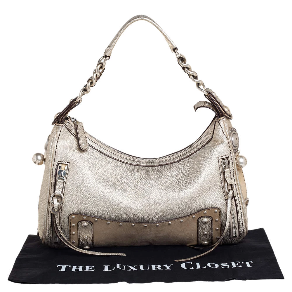 Versace Gold/Beige Leather And Suede Studded Hobo For Women - Image 9
