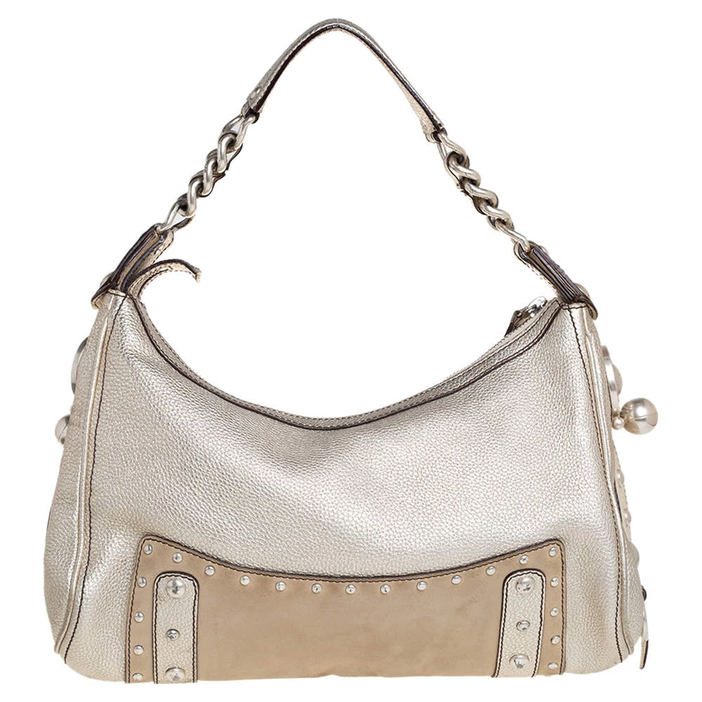 Versace Gold/Beige Leather And Suede Studded Hobo For Women - Image 4