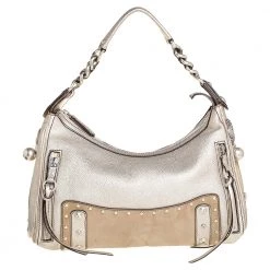 Versace Gold/Beige Leather And Suede Studded Hobo For Women