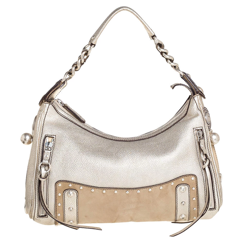 Versace Gold/Beige Leather And Suede Studded Hobo For Women