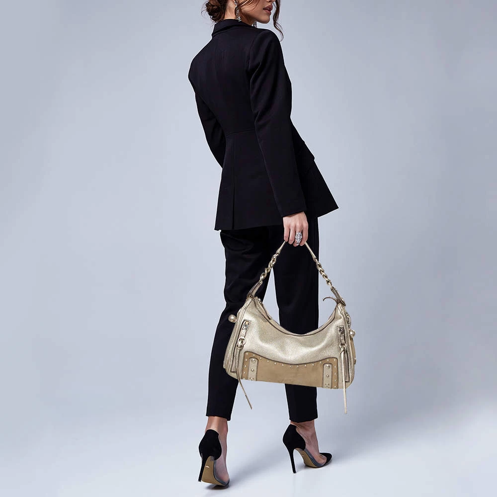 Versace Gold/Beige Leather And Suede Studded Hobo For Women - Image 2